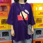 3/4-sleeve Pig Print T-shirt Purple - One Size