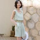 Set: Single-breasted Plain Tank Top + High-waist Plain Wide-leg Shorts
