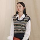 Pattern Furry-trim Knit Vest Khaki - One Size