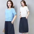 Set: Linen Short-sleeve Top + Midi Skirt