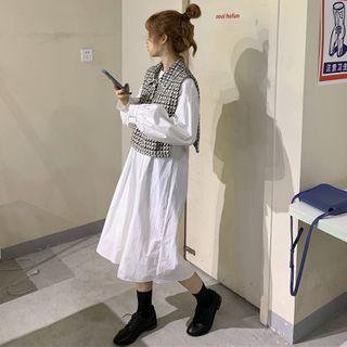 Long-sleeve Midi Shift Dress / Patterned Collared Vest
