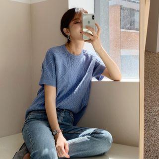 Short-sleeve Wool Blend Knit Top Light Blue - One Size
