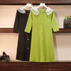 3/4-sleeve Polka Dot Collar Paneled A-line Knit Dress