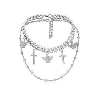 Set: Alloy Cross & Angel Pendant Necklace / Choker 0384 - Silver - One Size