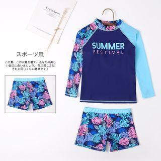 Set: Long-sleeve Lettering Swim Top + Shorts + Leggings