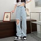 Heart Cutout Washed Baggy Jeans