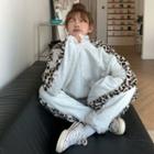 Leopard Panel Stand Collar Fleeced Jacket/ Leopard Panel Jogger Pants