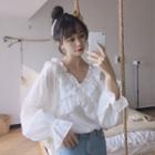 Frill Trim Puff Sleeve V-neck Blouse White - One Size