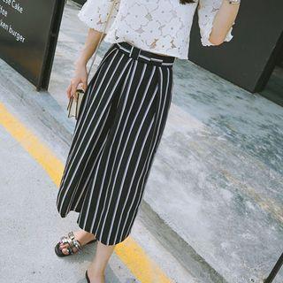 Set: Lace Elbow Sleeve Top + Striped Wide Leg Pants