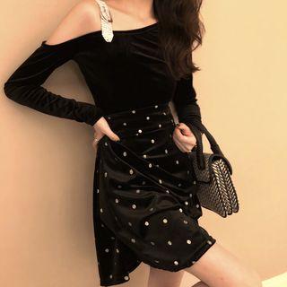 Long-sleeve Cut-out Top / Sequined Mini A-line Skirt