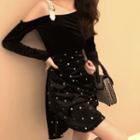 Long-sleeve Cut-out Top / Sequined Mini A-line Skirt