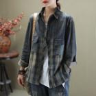 Plaid Panel Denim Shirt Plaid - Blue - One Size