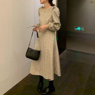 Long-sleeve Bow-accent Floral Print Midi A-line Dress