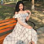 Off-shoulder Plaid A-line Maxi Dress