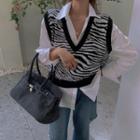 Zebra Print Knit Vest / Plain Shirt