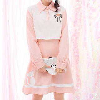 Cat Print Mock Two-piece Polo Dress