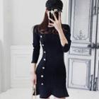 Buttoned Ruffle Hem Mini Knit Dress Black - One Size