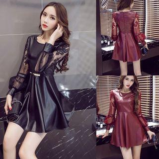 Lace-sleeve Faux Leather Mini A-line Dress