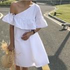 Short-sleeve Plain Off-shoulder Ruffle A-line Dress