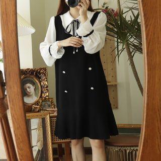 Mock Two-piece Puff-sleeve Shift Dress Black - One Size