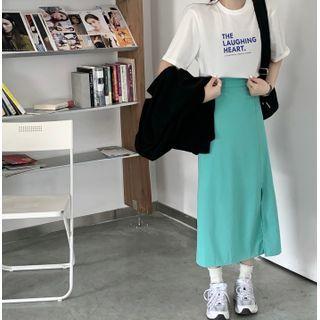 Short-sleeve Lettering Print T-shirt / Slit Midi A-line Skirt