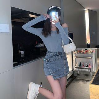 Asymmetrical Denim Mini Pencil Skort