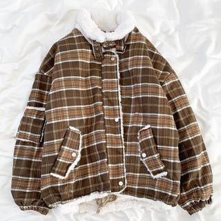 Furry Trim Plaid Panel Jacket