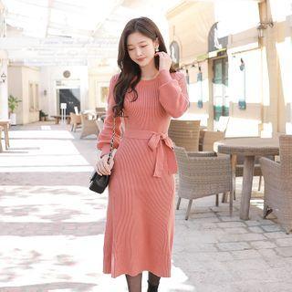 Balloon-sleeve Long Rib-knit Dress With Sash