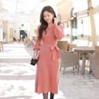 Balloon-sleeve Long Rib-knit Dress With Sash