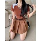 Short-sleeve Lace-up Two-tone Cropped Top