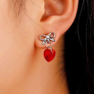 Bow Alloy Heart Rhinestone Dangle Earring 1 Pair - 01 - 3416 - Silver & Red - One Size