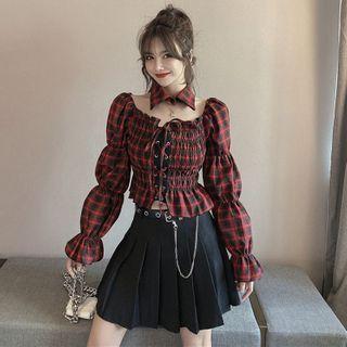 Plaid Lace-up Shirred Blouse / Pleated A-line Skirt
