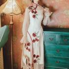 Slipdress / Flower Embroidered Long-sleeve Midi A-line Dress / Fluffy Coat / Set