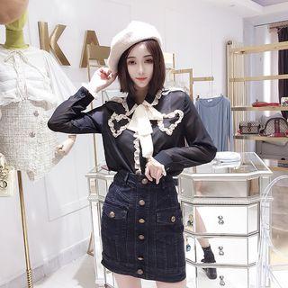 Set: Frill Trim Tie-neck Chiffon Shirt + Buttoned A-line Denim Skirt