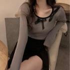 Long-sleeve Bow Cropped Knit Top Gray & Black - One Size