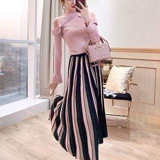 Set: Ruffle Trim Knit Top + Pleated Midi A-line Skirt