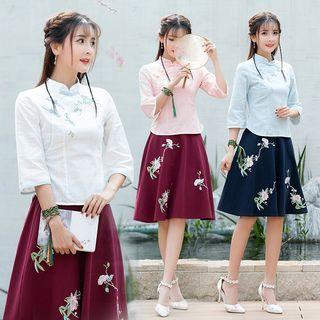 Set: Embroidered 3/4-sleeve Blouse + A-line Skirt