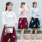 Set: Embroidered 3/4-sleeve Blouse + A-line Skirt