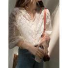 Embroidered Lace Elbow-sleeve V-neck Blouse
