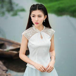 Cap-sleeve Frilled-trim Paneled Top