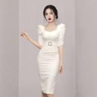 Elbow-sleeve Belted Bodycon Dress