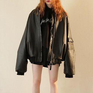 Oversized Faux Leather Bomber Jacket