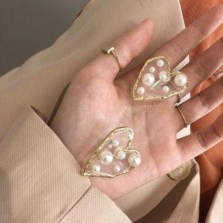 Faux Pearl Alloy Heart Earring S925 - Faux Pearl - One Size