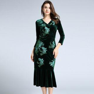 3/4-sleeve Velvet Midi Sheath Dress