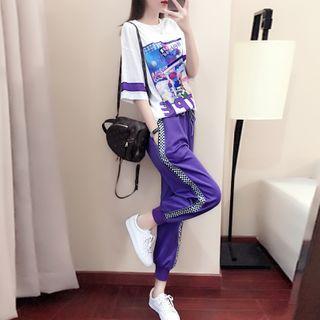 Set: Printed Short-sleeve T-shirt + Checkerboard Trim Sweatpants