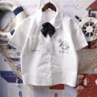 Short-sleeve Embroidered Tie Neck Shirt White - One Size