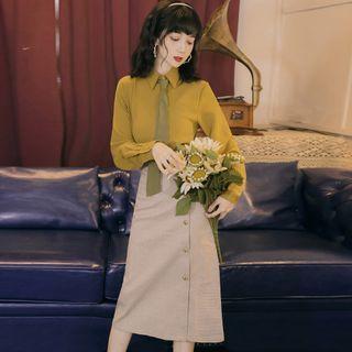 Set: Long-sleeve Shirt + Tie + Midi Pencil Skirt
