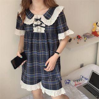 Set: Short-sleeve Plaid Top + Shorts Navy Blue - One Size