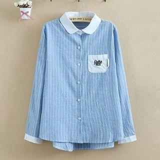 Pinstripe Applique Long-sleeve Blouse