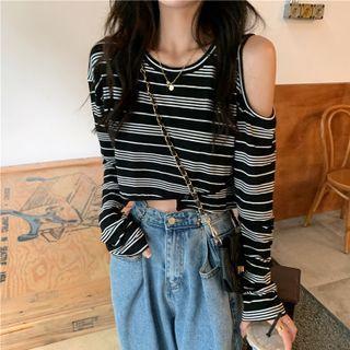 Cold Shoulder Striped Top Stripe - Black - One Size